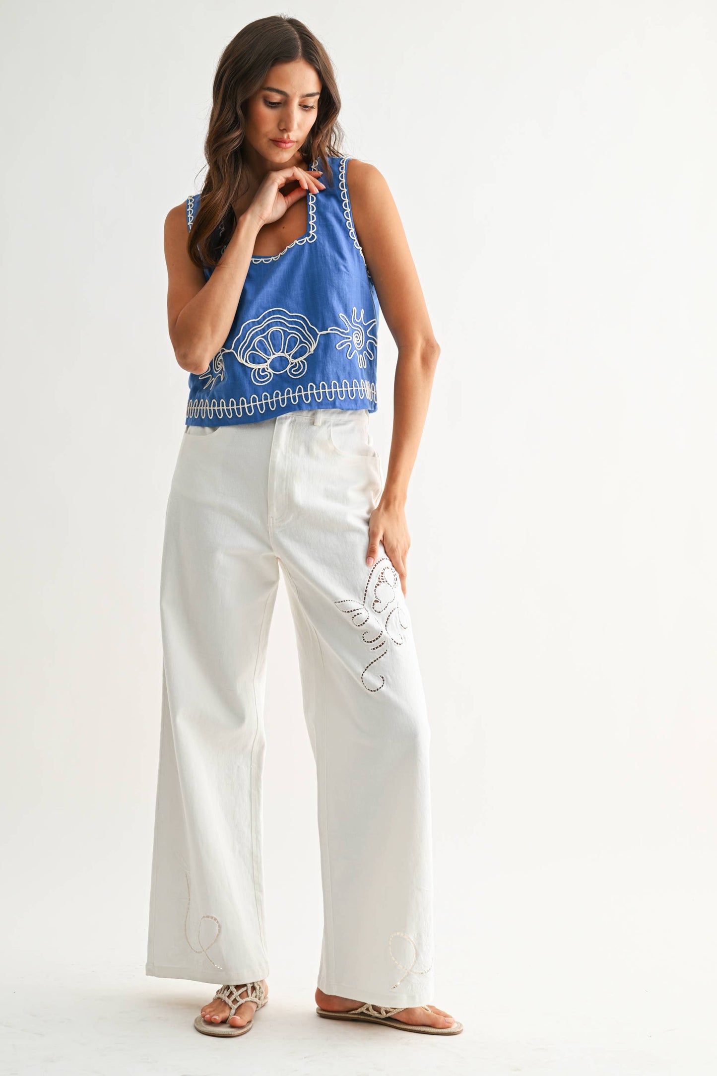 Embroidered Sleeveless Square Neck Top