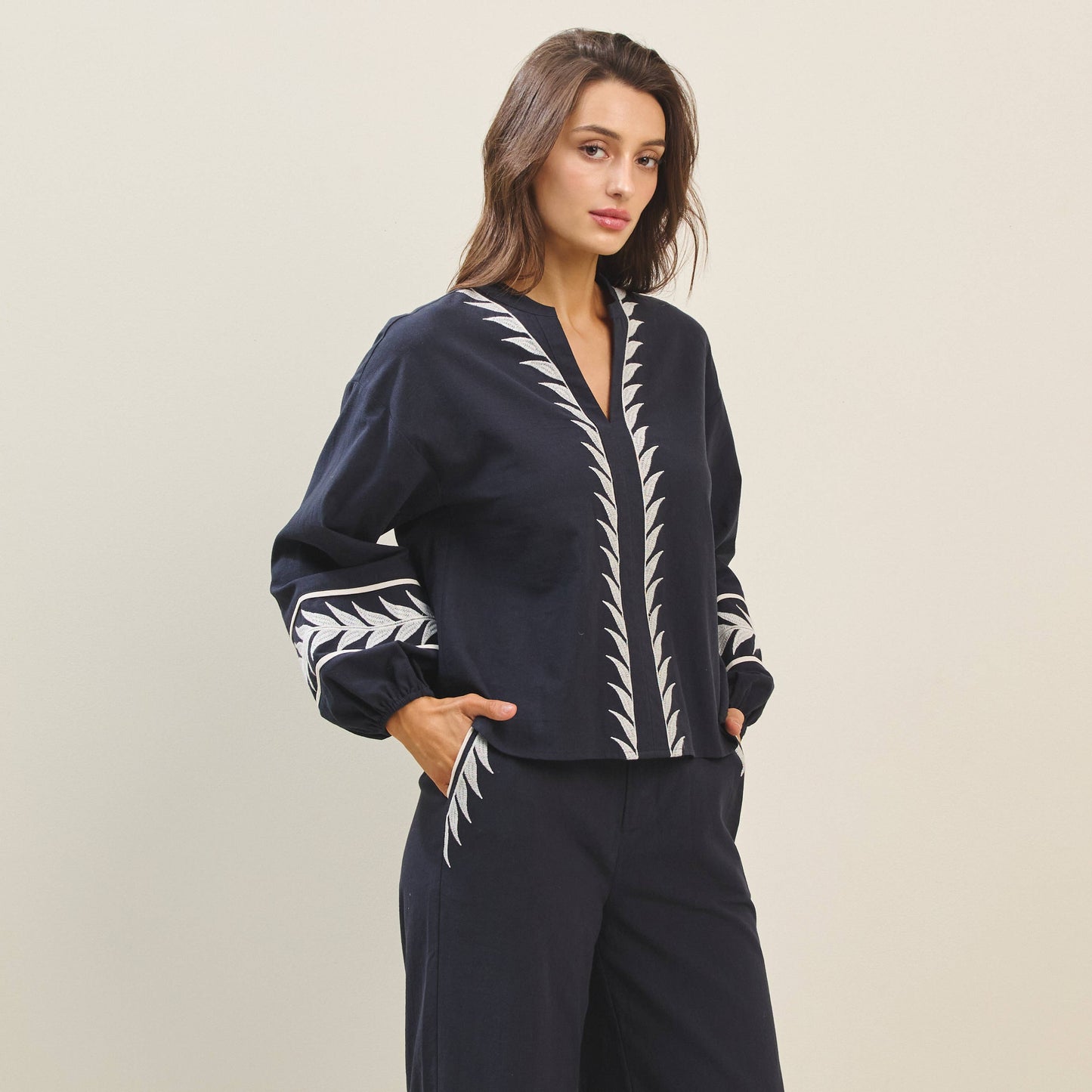 Rental- Embroidered Long Sleeve V-Neck Top