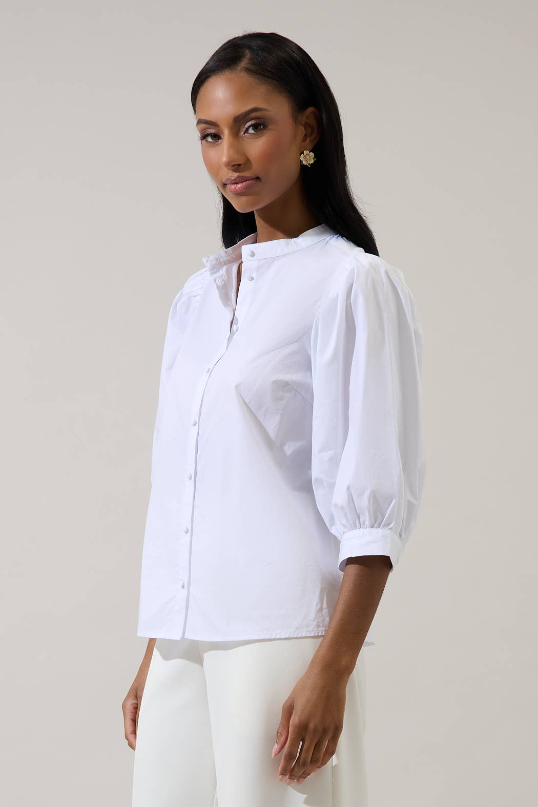 Crew Neck Button Up Puff Sleeve Shirt