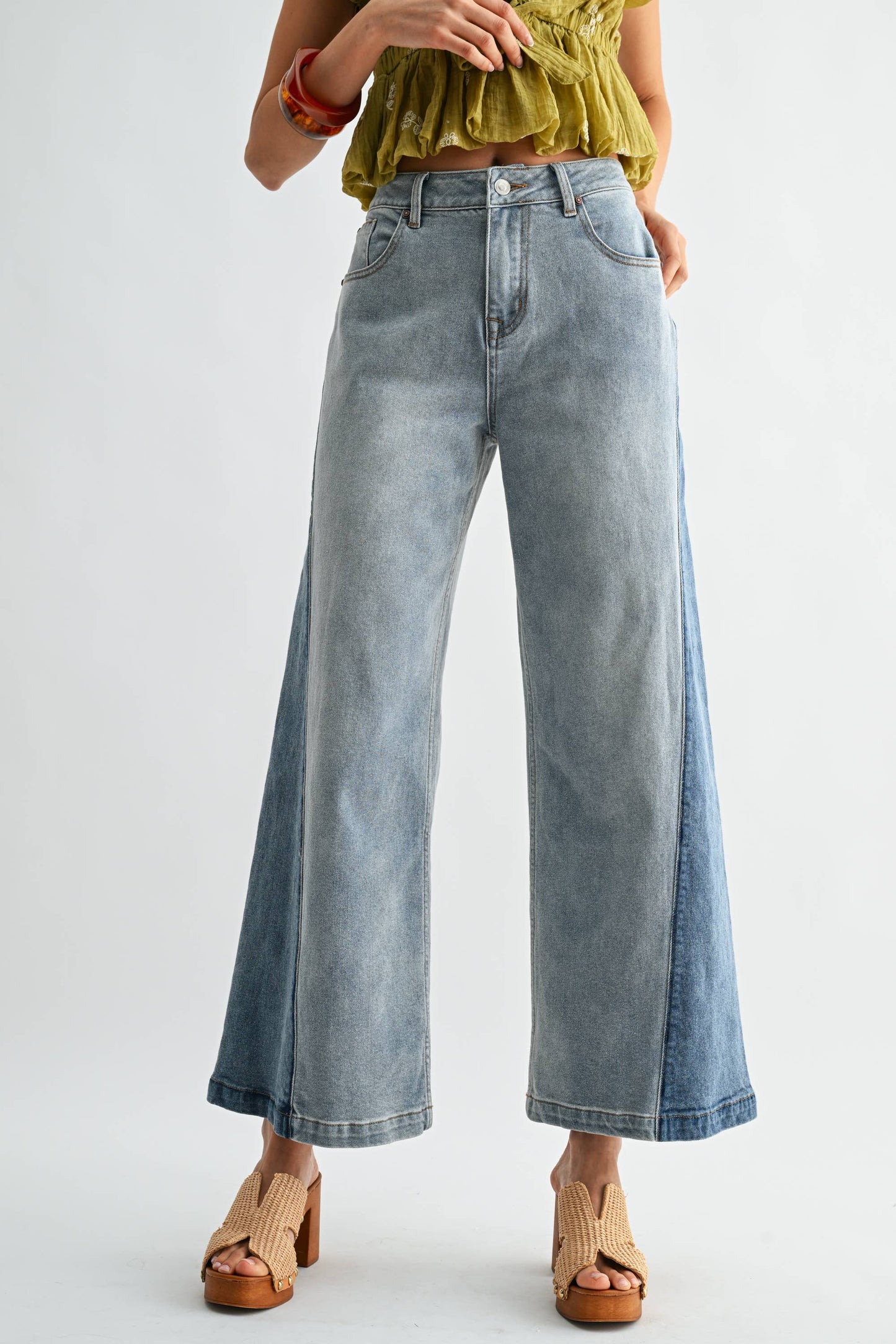 Wide Leg Two-Tone High Waist Denim Jeans