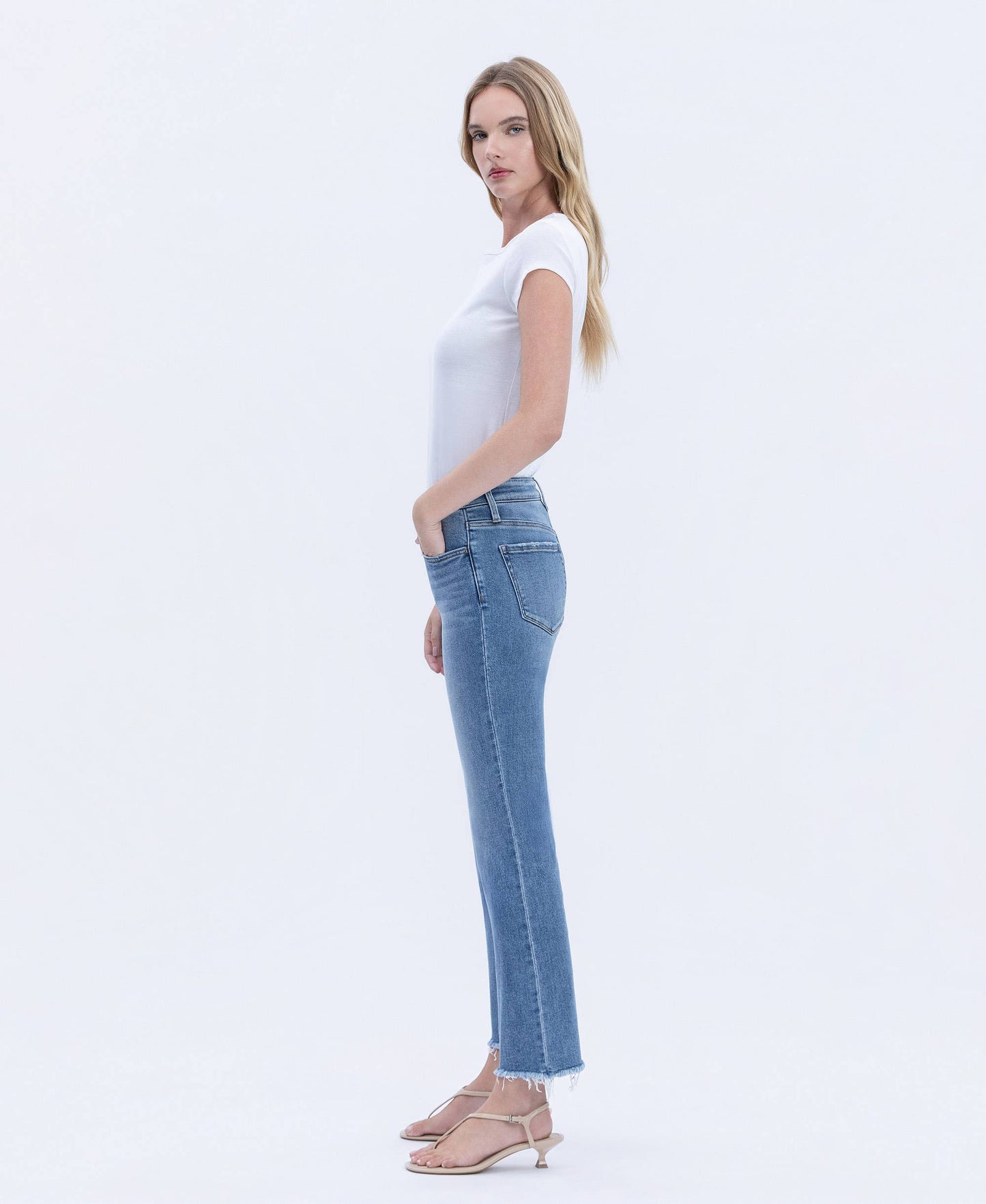 Mid Rise Raw Hem Crop Straight Jeans