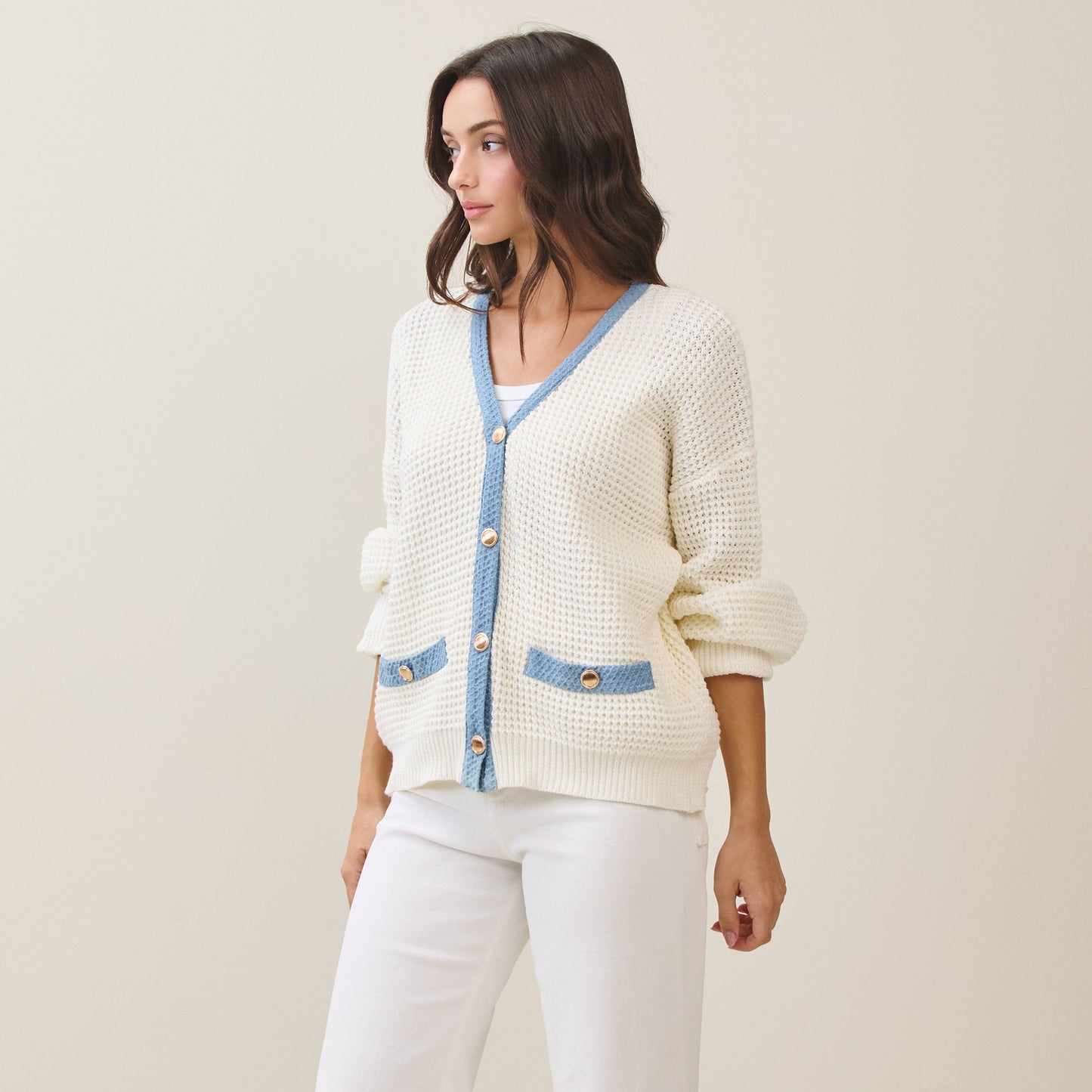 Contrast Trim Gold Button Cardigan