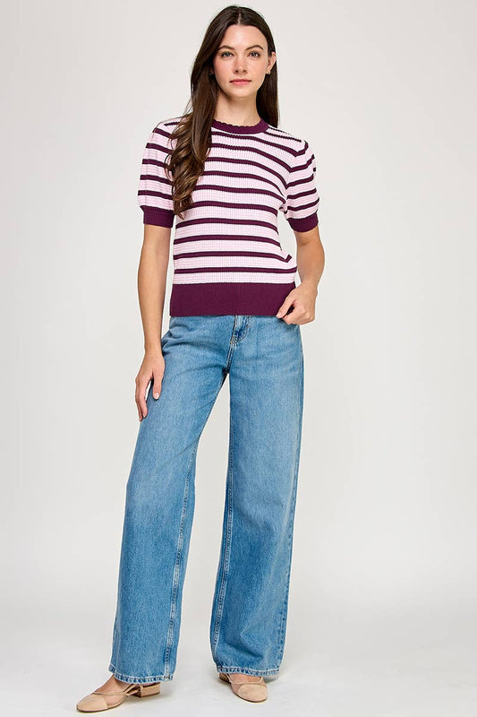 Scalloped Neck Puff Sleeve Short Sleeve Top