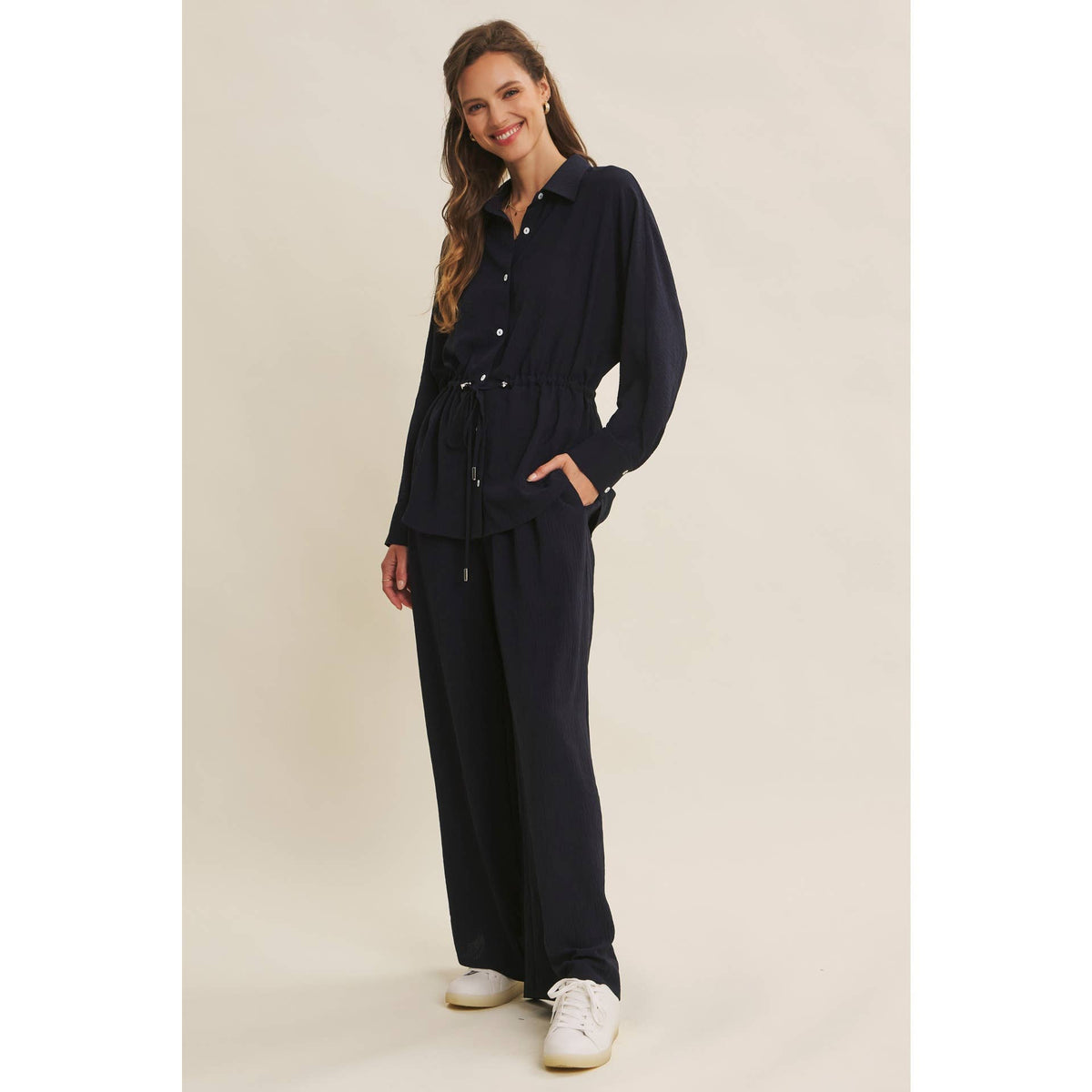 Drawstring Waist Button Down Shirt