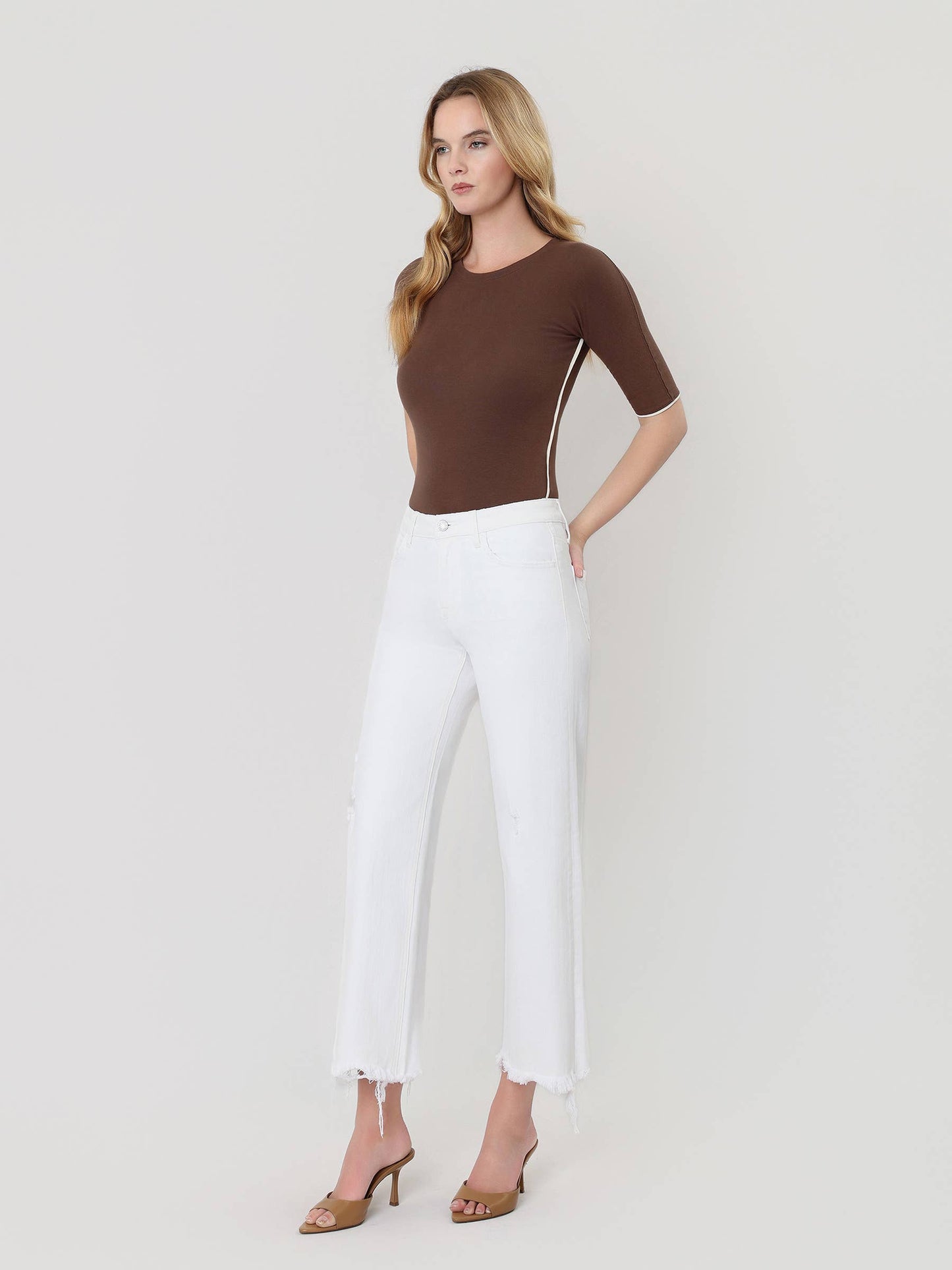 High Rise Raw Hem Crop Wide Jeans