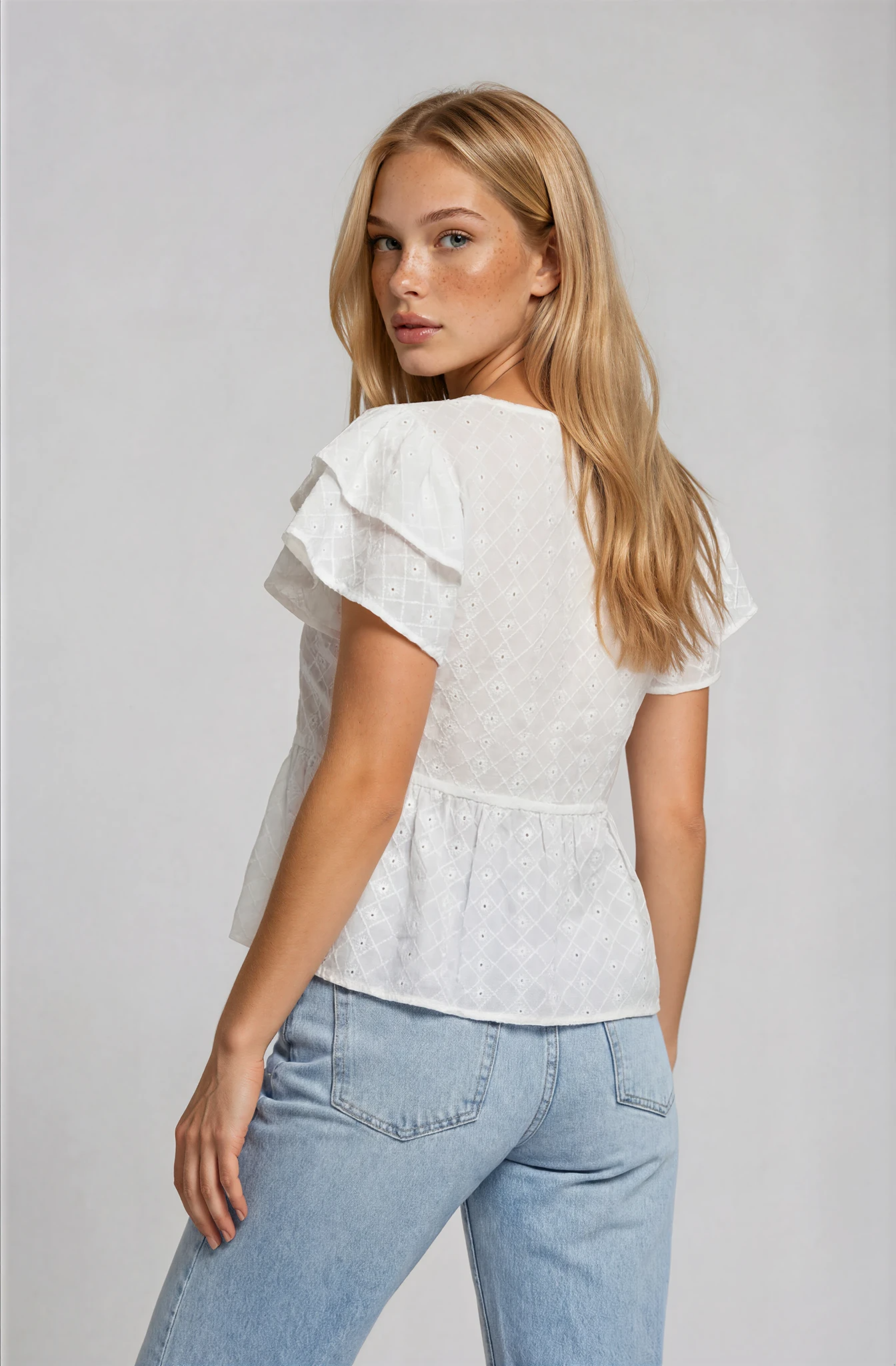 Eyelet Double Sleeve Tie Waist Top