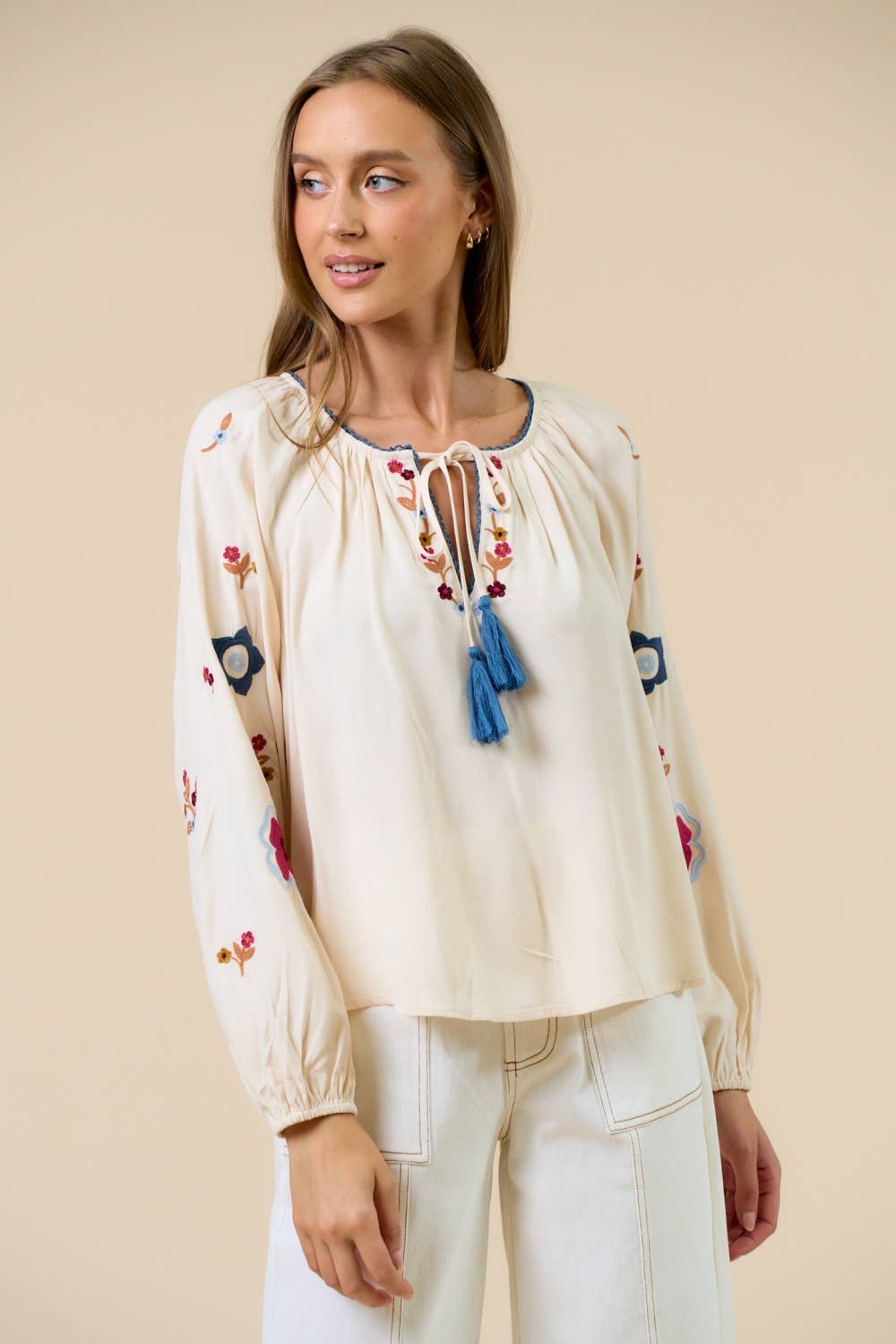 Embroidered Long Sleeve Peasant Blouse