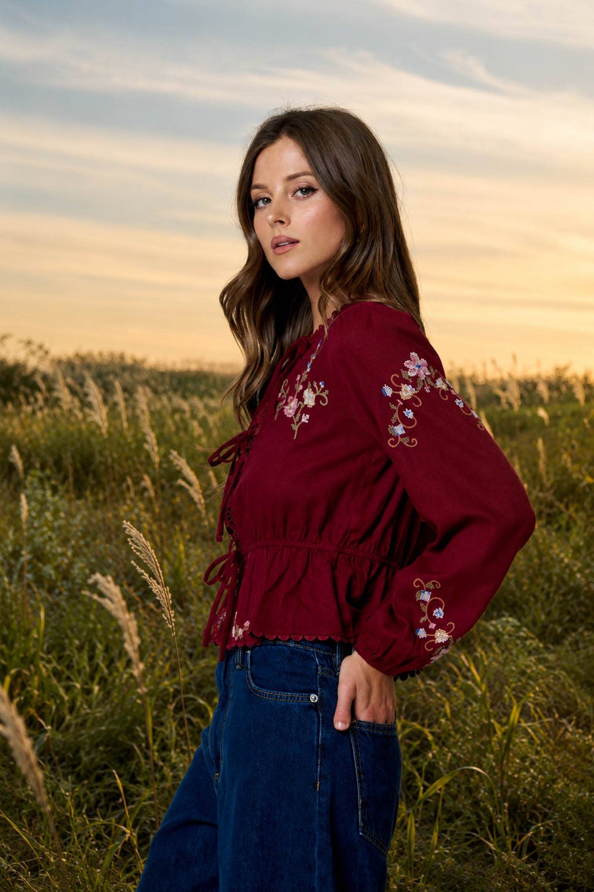 Embroidered Crochet Front Tie Top