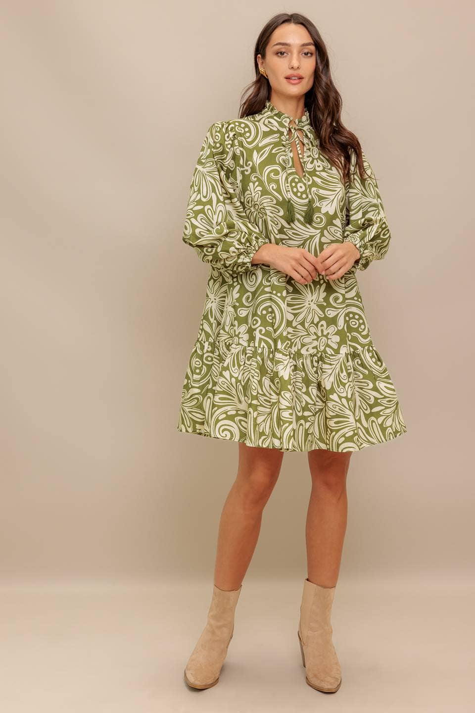 Long Sleeve Tie Neck Tiered Mini Dress