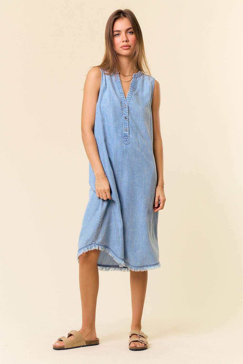 Sleeveless Denim Henley Midi Dress