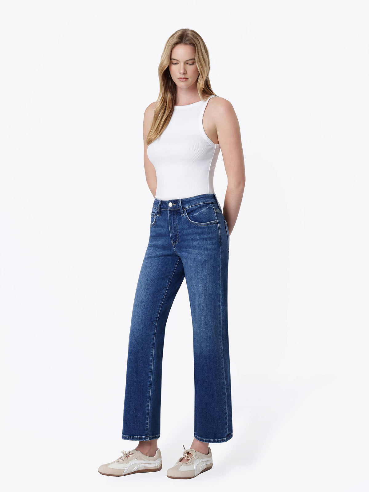 Mid Rise Dark Wash Ankle Slim Wide Jeans