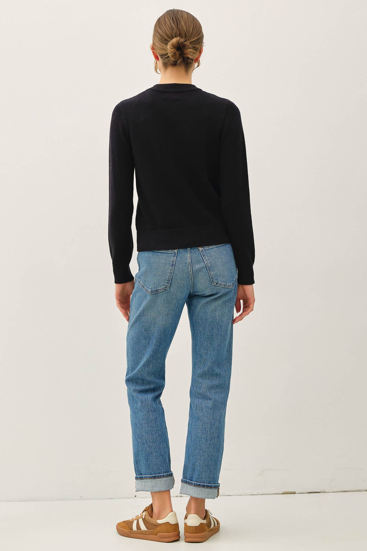 Ribbed Neck Cropped Length Sweater