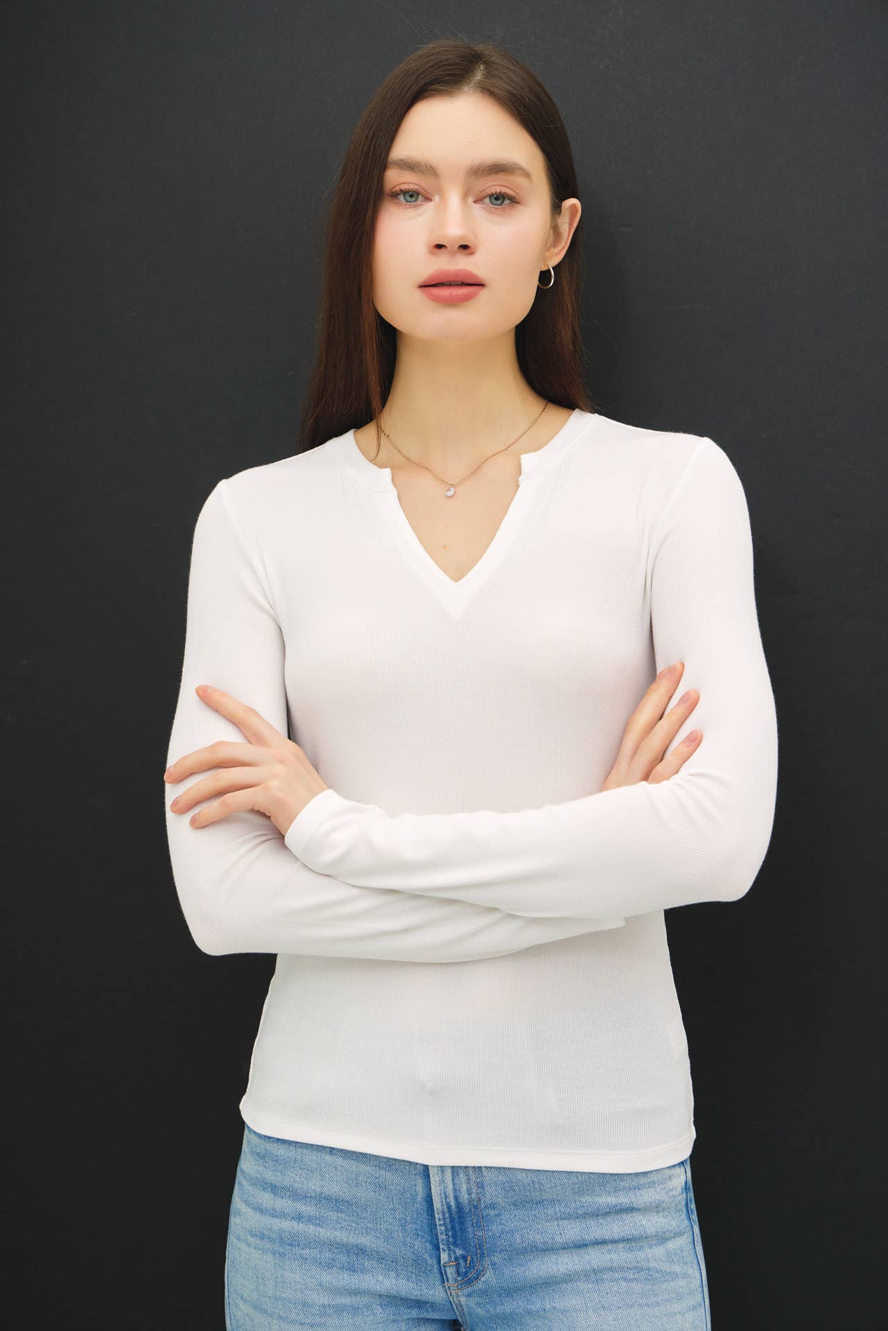 Ribbed Notched Neck Long Sleeve Top