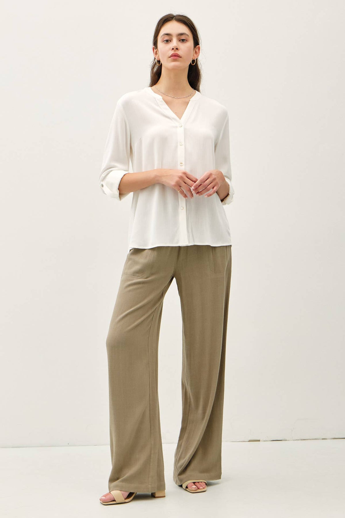 V-Neck Mandarin Collar Button Down Shirt