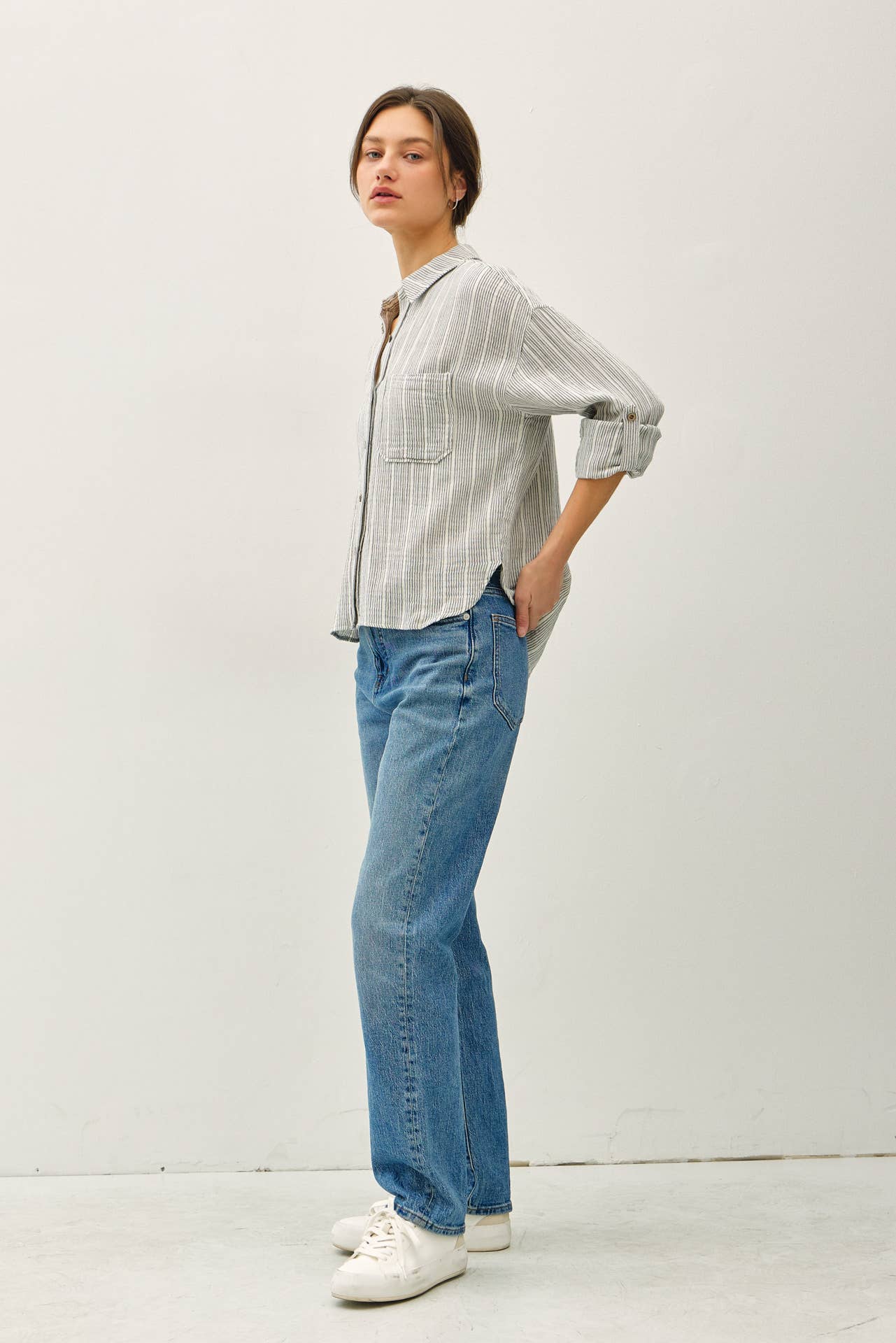 Striped Gauzy Pocket Button Down Top