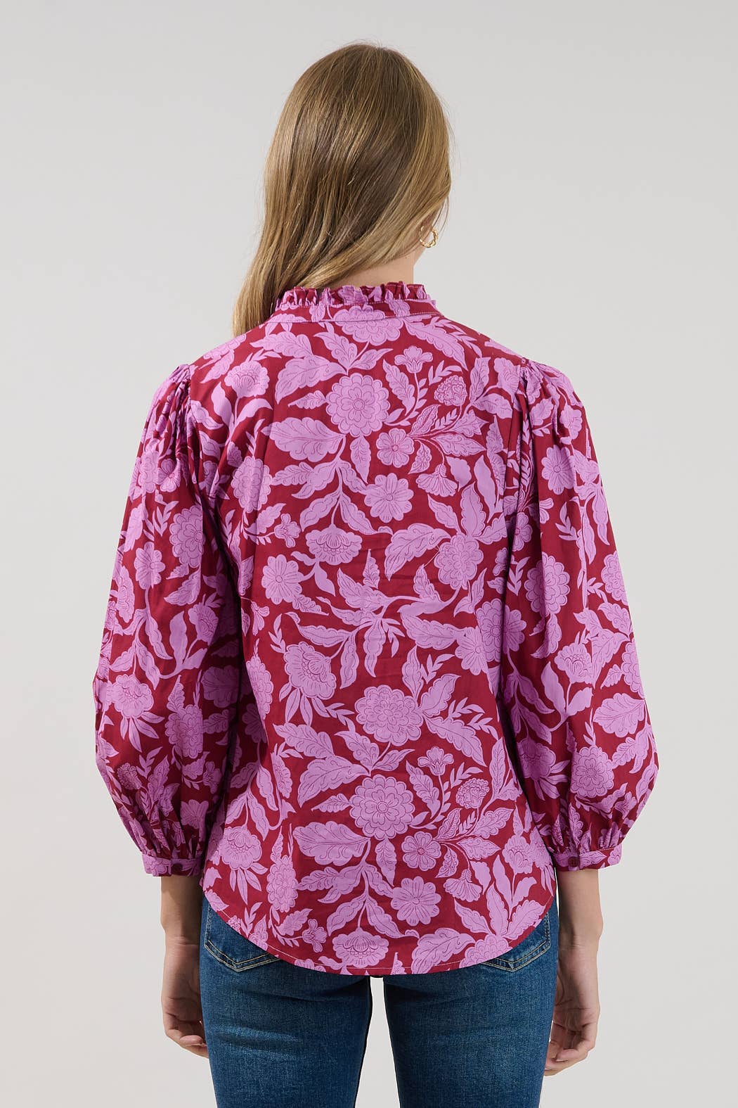 Balloon Sleeves Ruffle Neck Floral Top