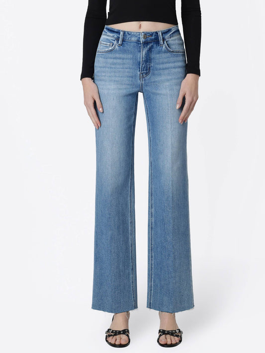 High Rise Raw Hem Slim Wide Jeans