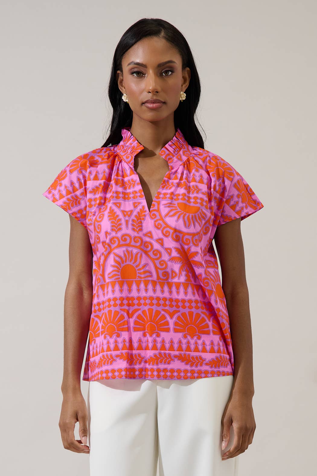 Tropical Ruffle Neck Top