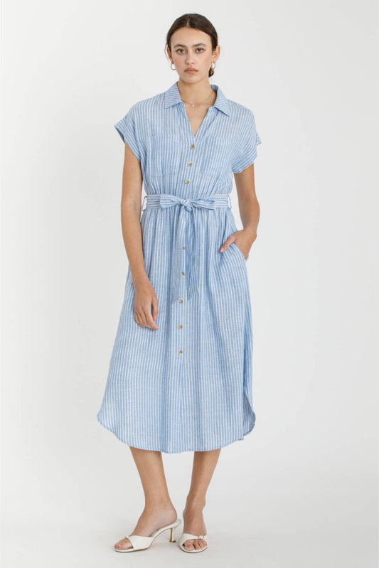 Linen Blend Striped Utility Shirt Dress