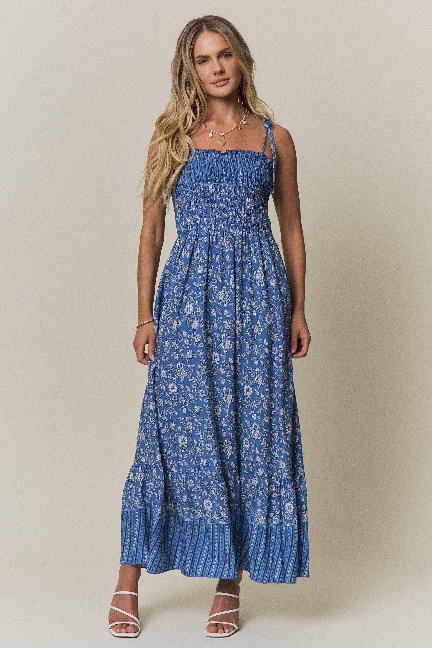 Smocked Tie Strap Floral Maxi Dress