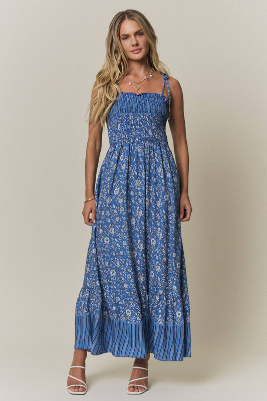Smocked Tie Strap Floral Maxi Dress