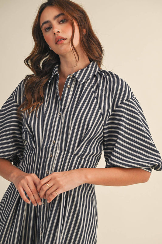 Rental- Striped Denim Bubble Sleeve Mini Dress