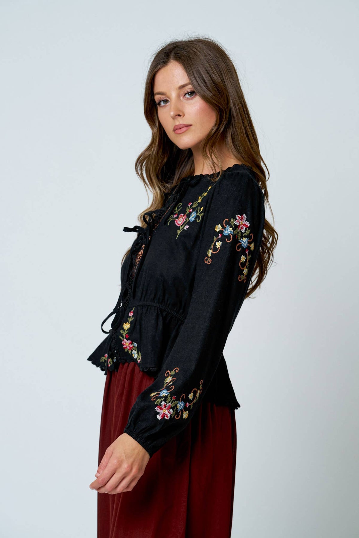 Embroidered Crochet Front Tie Top