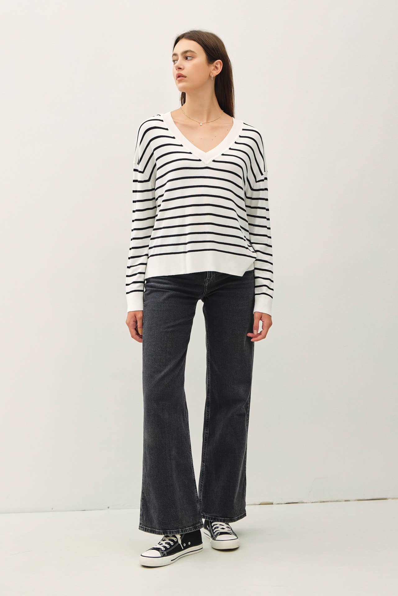 Striped V-Neck Lightweight Sweater