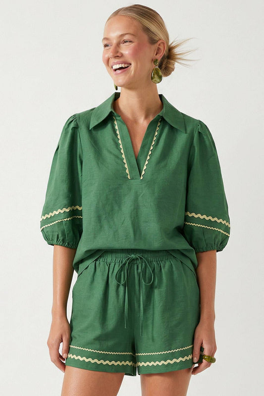 Contrast Trim Puff Sleeve Linen Blouse