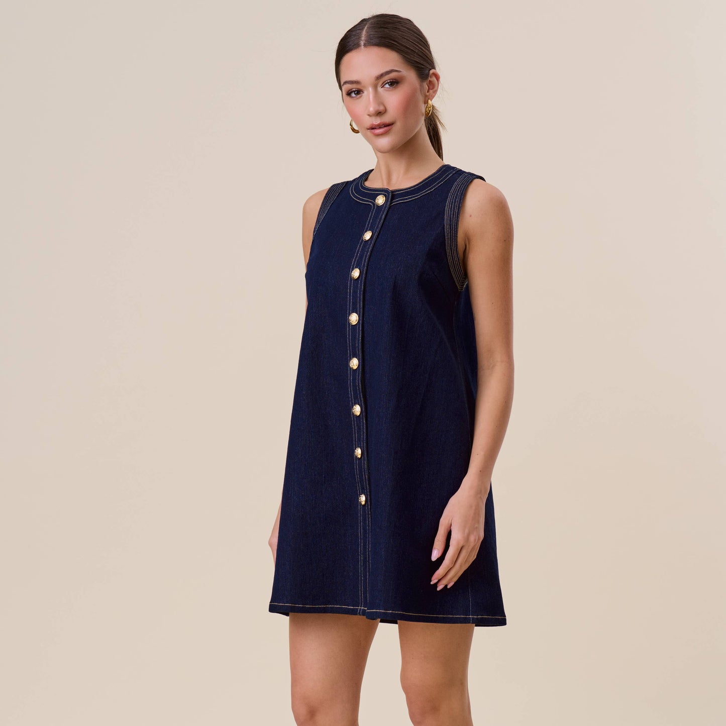 Button Stretch Denim Mini Dress