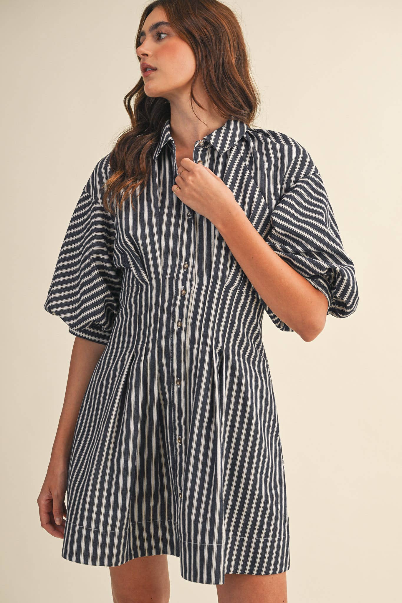 Rental- Striped Denim Bubble Sleeve Mini Dress