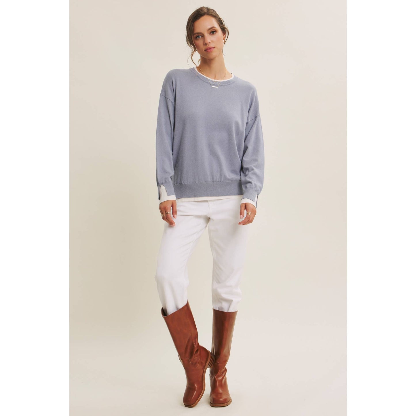 Two Tone Contrast Cuff Lightweight Sweater