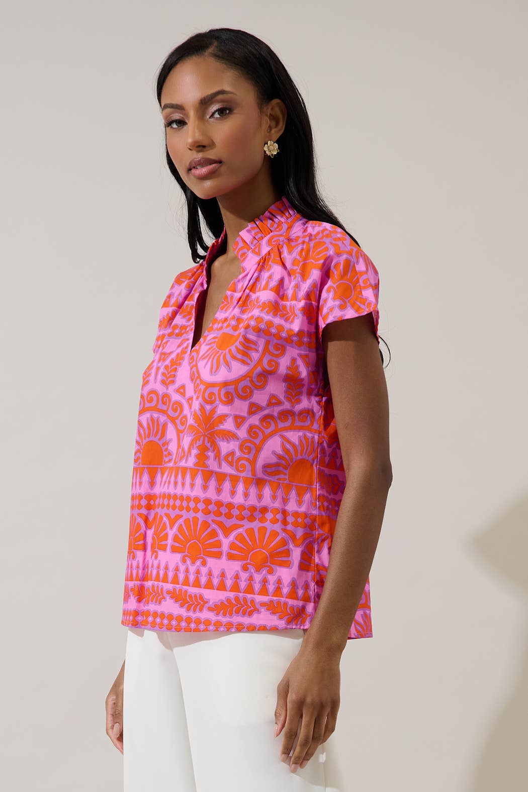 Tropical Ruffle Neck Top