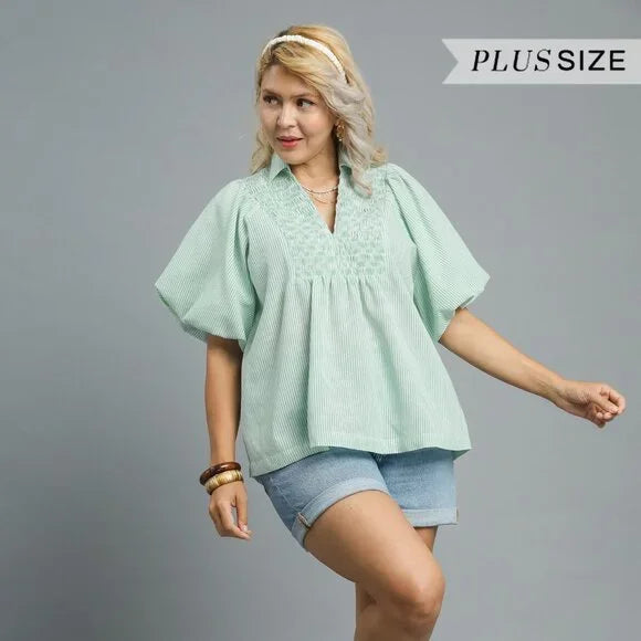 Pinstripe Green Puff Sleeve Top
