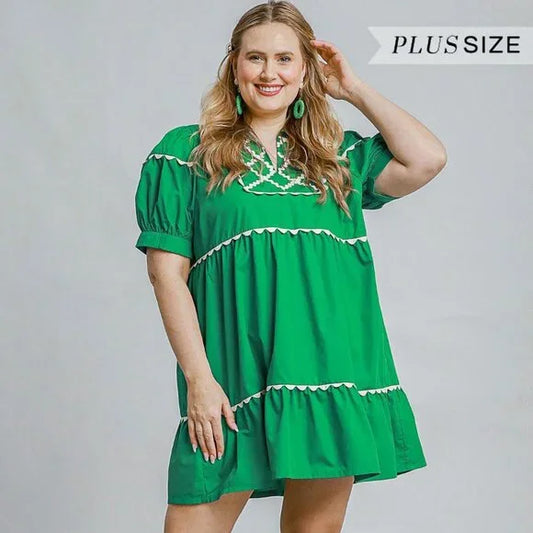 Green Puff Sleeve RicRac Dress