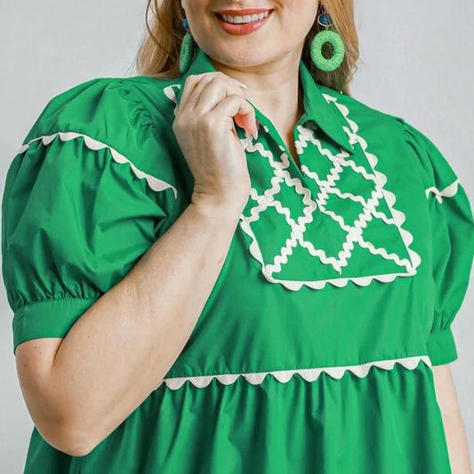 Green Puff Sleeve RicRac Dress