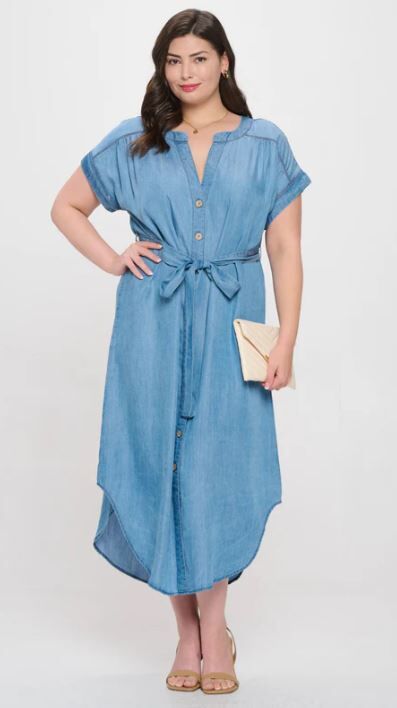 Chambray Short Sleeve Button Down Midi Dress